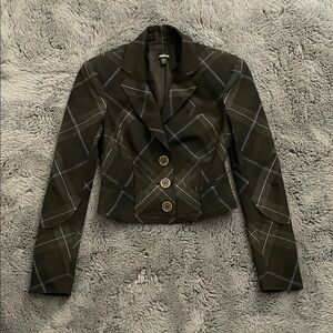 Bebe Vintage Black & Purple Plaid Cropped Blazer